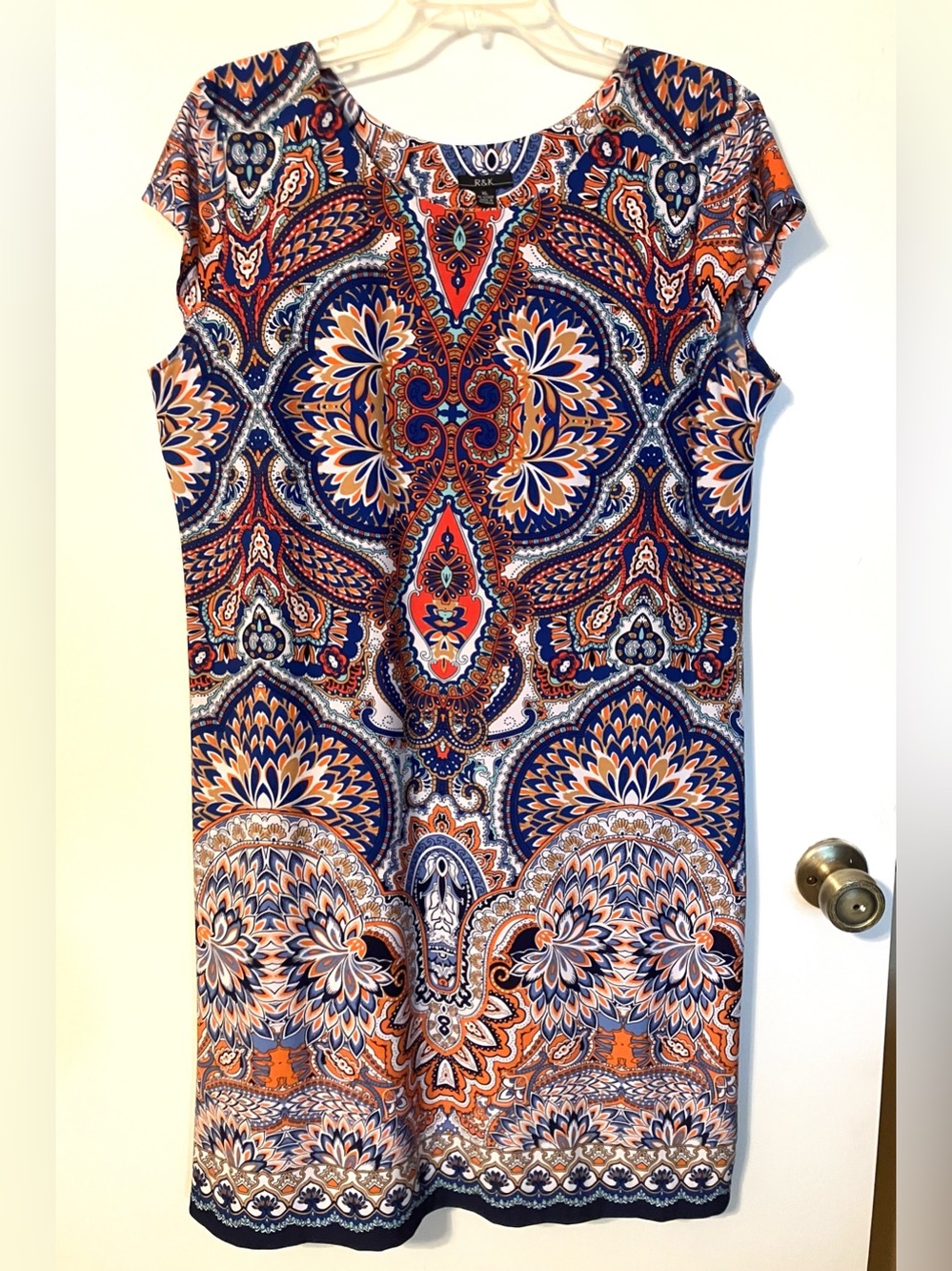 R&K Paisley Scoop Neck Cap Sleeve Shift Knit Dress XL Knee Length Blue Red